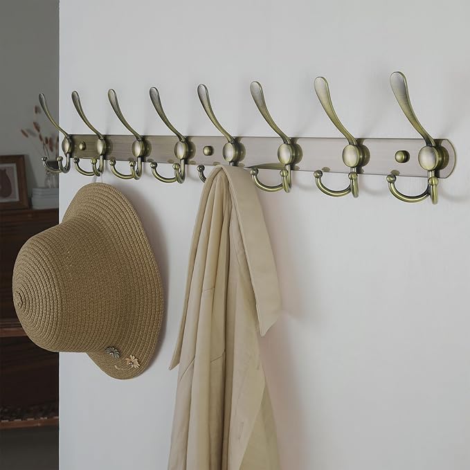 Dseap Coat Rack Wall Mount - 29.5” Long 8-Tri-Hooks Heavy Duty Coat Hanger Rail Wall Hooks for Hanging Coats Hats Clothing Clothes Purse Mudroom Entryway, Bronze