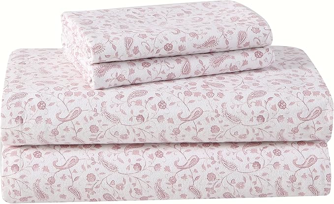 Laura Ashley - Flannel Sheets Full Size, Anti-Pilling & Wrinkle Resistant Cotton, Touchably Soft for All-Season Comfort - Bed Sheets with Matching Pillowcases & Fitted Sheet (Paisley Prance Pink)
