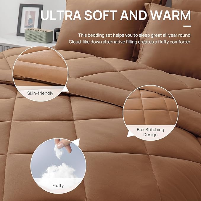 Love's cabin California King Comforter Set Mocha Mousse, 7 Pieces California King Bed in a Bag, All Season Bedding Sets with 1 Comforter, 1 Flat Sheet, 1 Fitted Sheet, 2 Pillowcase and 2 Pillow Sham