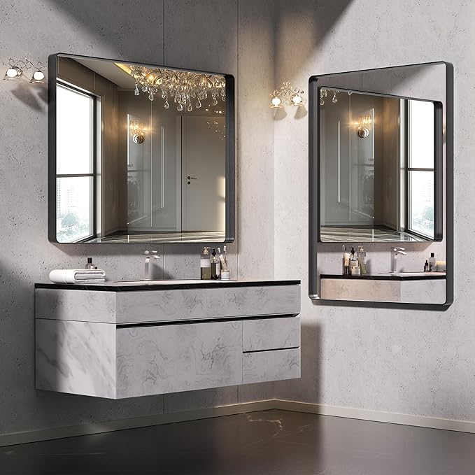 Hasipu 2 PCS Bathroom Mirror for Wall, 30 x 24 Inch Black Metal Framed Bathroom Mirrors for Over Sink, Rectangle Bathroom Vanity Mirror, Anti-Rust, Tempered Glass, Horizontal or Vertical