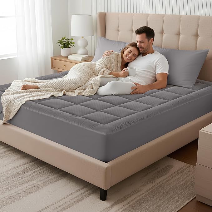 OLANLY Queen Quilted Fitted Mattress Pad – Soft Down Alternative Pillow Top Mattress Topper, Cooling Comfort Breathable Mattress Cover, Machine Washable Deep Pocket Mattress Protector, Dark Grey