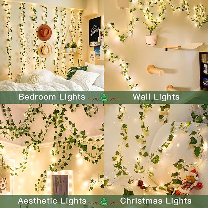 suddus Vine with Fairy Lights Battery Operated, 33ft 100 LED Ivy String Lights with Remote, Leaf Lights for Bedroom, Room, Wall, Garden, Party, Wedding Decor (Warm White)