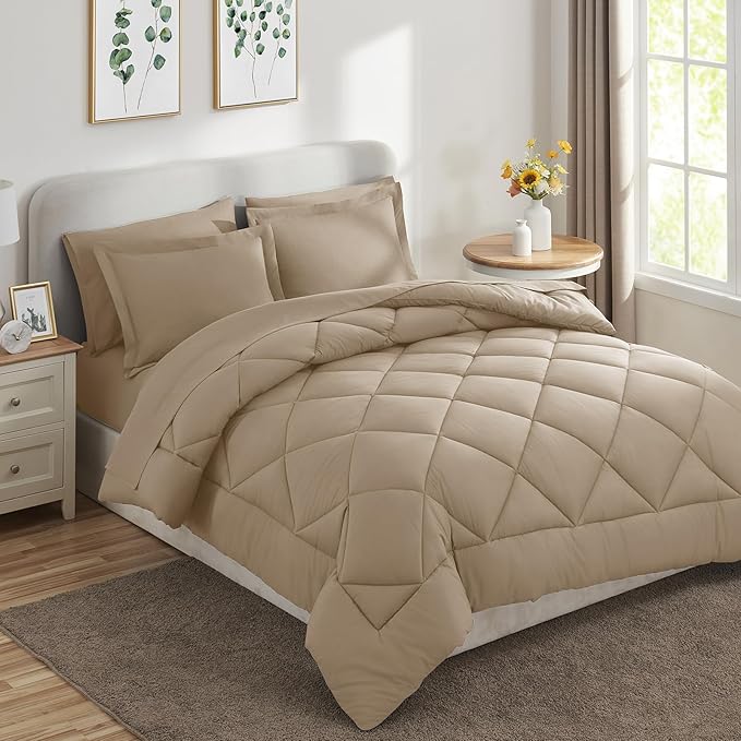 CozyLux Queen Comforter Set Taupe - Bed in a Bag Queen Size 7 Pieces, Luxury Soft Bed Set for All Seasons, Bedding Set with Down Alternative Comforter, Sheets, Pillowcases & Shams