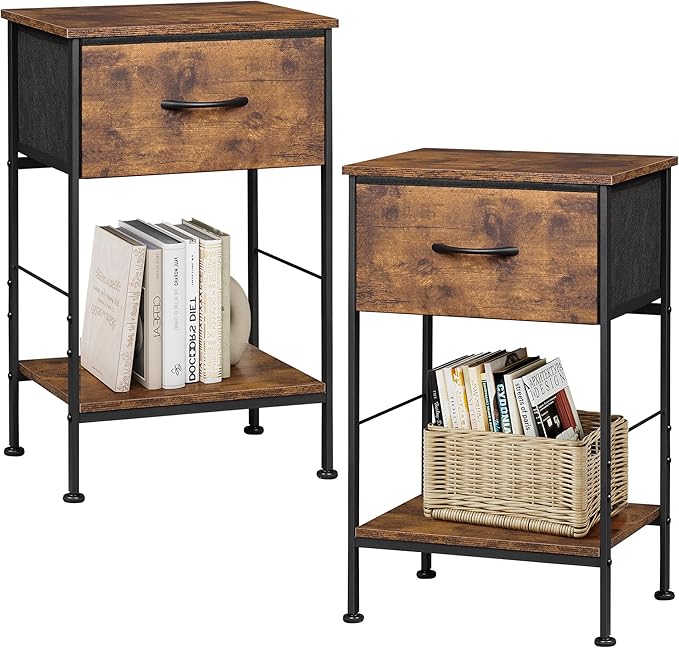 WLIVE Nightstand Set of 2, End Table with Fabric Storage Drawer and Open Wood Shelf, Bedside Furniture with Steel Frame, Side Table for Bedroom, Dorm, Rustic Brown Wood Grain Print, 25.03" Height