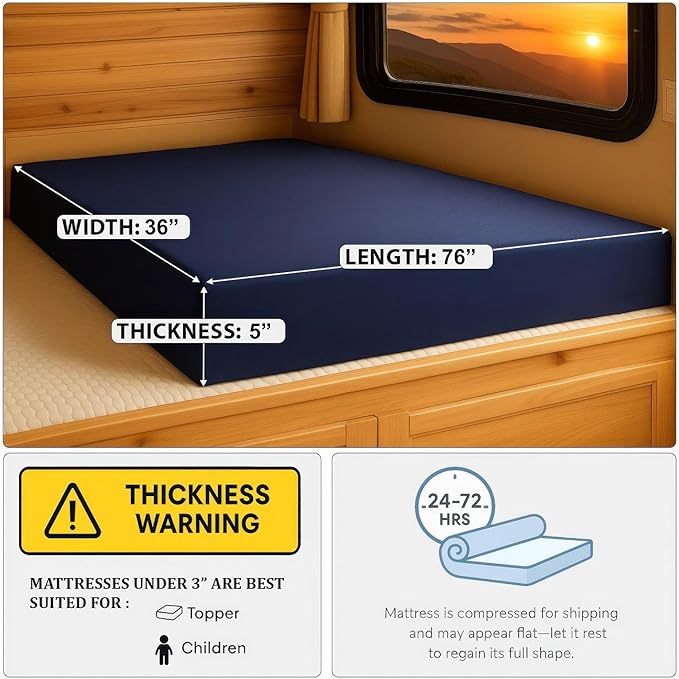 Foamma 5" x 36" x 76" Water Resistant Gel Memory Foam RV Bunk Mattress, Firm High Density Foam Base, Comfortable and Durable Polyester Cover, Truck, Camper, Travel Trailer, Made in USA!