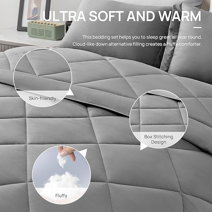 Love's cabin California King Comforter Set Grey, 7 Pieces California King Bed in a Bag, All Season Bedding Sets with 1 Comforter, 1 Flat Sheet, 1 Fitted Sheet, 2 Pillowcase and 2 Pillow Sham