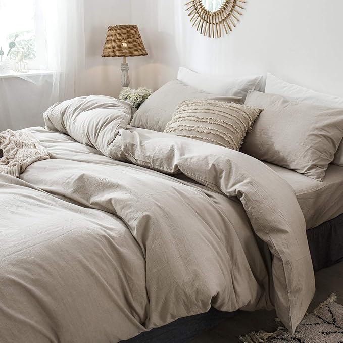 MooMee Bedding Duvet Cover Set 100% Washed Cotton Linen Like Textured Breathable Durable Soft Comfy (Heathered Tannish Linen Grey, Cal King 104"x98")