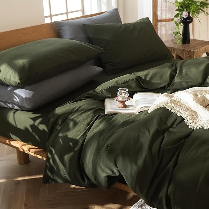 MooMee Bedding Duvet Cover Set 100% Washed Cotton Linen Like Textured Breathable Durable Soft Comfy (Solid Olive Green, Alaska King 132"x120")
