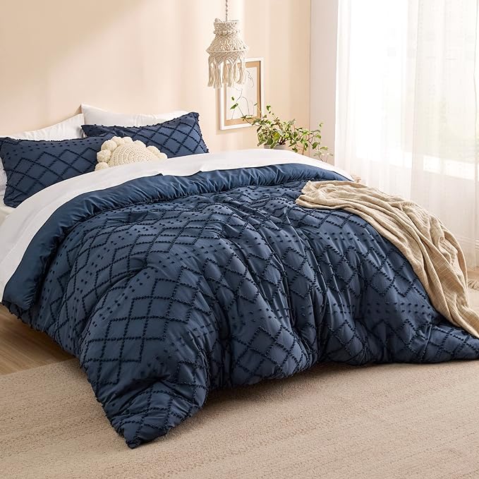 Bedsure California King Comforter Set - Navy Blue Comforter, Boho Tufted Shabby Chic Bedding for Kids, 3 Pieces Vintage Farmhouse Bed Set for All Seasons, Fluffy Soft Bedding with 2 Pillow Shams