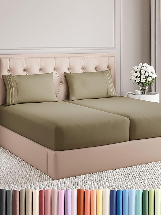 Split King Size 5 Piece Sheet Set - Comfy Breathable & Cooling Bed Sheets Set - Hotel Luxury Bedding for Women, Men, Kids, Teens, Boys & Girls - Deep Pockets, Soft and Wrinkle Free - Oeko-Tex - Khaki