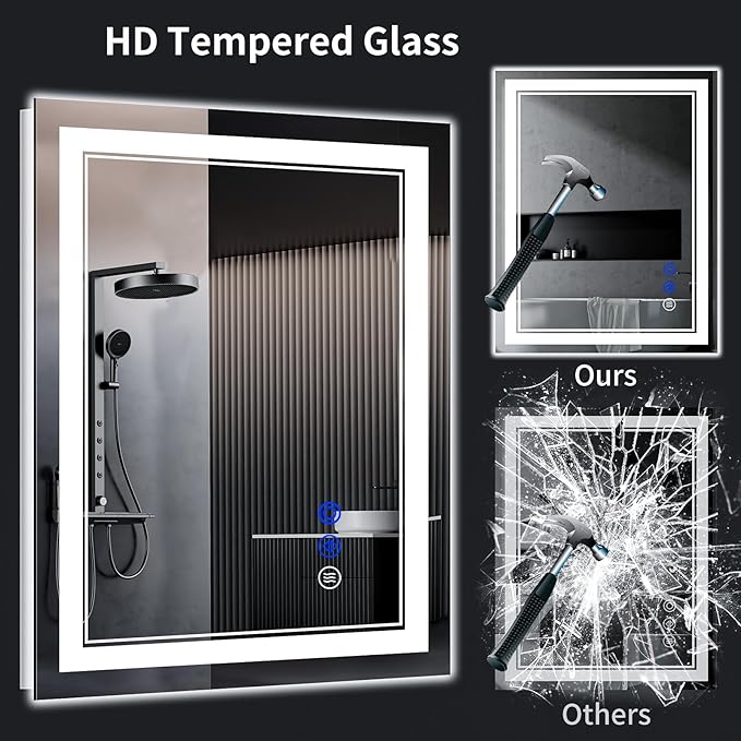 32"x24" LED Bathroom Mirror with Anti-Fog, Stepless Dimmable Lights, 3 Color Modes, Shatter-Proof Tempered Glass, Memory Function & Waterproof Design