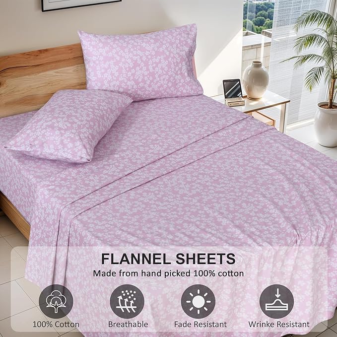 RUVANTI Flannel Sheets California King Size - 100% Cotton Brushed Cal King Bed Sheets Set - Deep Pockets 14 Inches - All Seasons Breathable & Extra Soft - Warm & Cozy, 4 Piece, Pink Flora