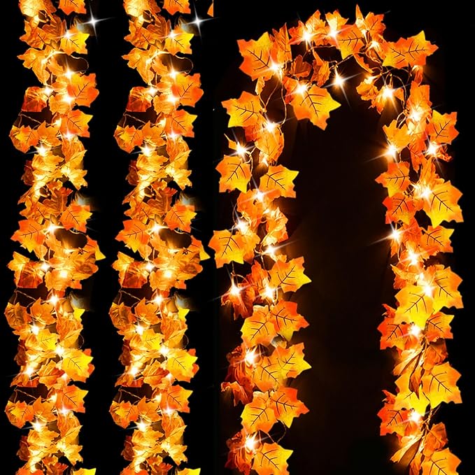 Luditek Fall Decor 3-Pack Fall Leaf Garland with Lights, Total 24.6ft 60 LED Halloween String Lights, Thanksgiving Decorations for Home Holiday Autumn Indoor Friendsgiving Gift