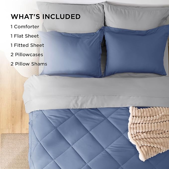 Bedsure Queen Comforter Set - 7 Pieces Reversible Infinity Blue Bedding, Queen Size Bed Set for All Seasons, Bed in a Bag with Down Alternative Comforter, Sheets, Pillowcases & Shams
