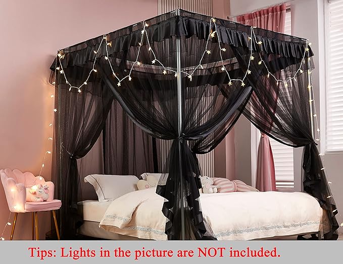 Mengersi 4 Corner Post Bed Canopy Bed Curtains Mosquito Net Bedroom Decoration Accessories (Twin, Black)