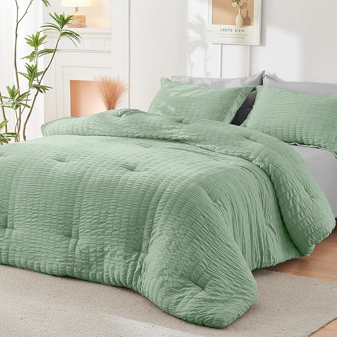 HYMOKEGE Sage Green/Light Grey California King Comforter Set Seersucker 7 Pieces, All Season Luxury Bed in a Bag for Bedroom, Bedding Set with Comforter, Sheets, Pillowcases & Shams