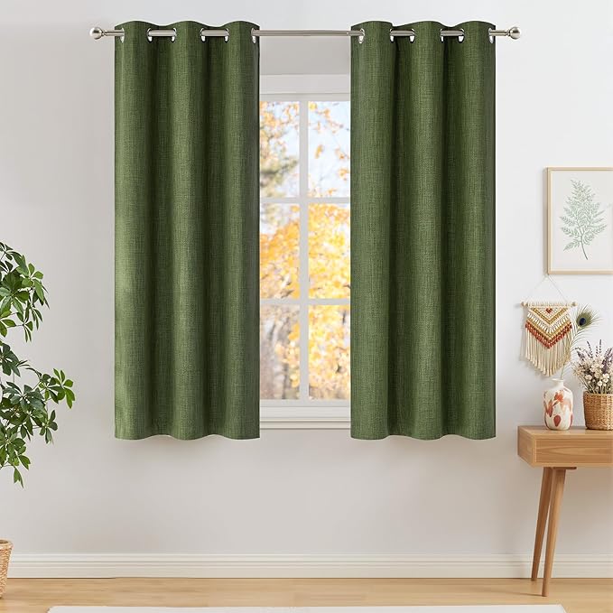 NICETOWN Short Faux Linen Froest Green Blackout Curtains 63 inches Long for Kitchen - Privacy Panels for Living Room Bedroom, Modern Farmhouse Style Easy Care Grommet Top, 2 Panels, W42 by L63