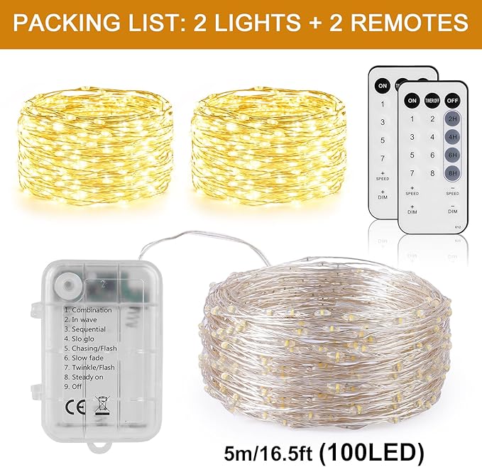 2 Pack 16.5FT 100 LED Fairy Lights Battery Operated with Timer & Remote, Dimmable Twinkle Lights, Waterproof Warm White Fairy String Lights for Outdoor Patio Wedding Mason Jar Party Bedroom Classroom