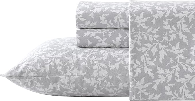 Laura Ashley - Flannel Sheets Twin Size, Anti-Pilling & Wrinkle Resistant Cotton, Touchably Soft for All-Season Comfort - Bed Sheets with Matching Pillowcase & Fitted Sheet (Crestwood Pastel Grey)