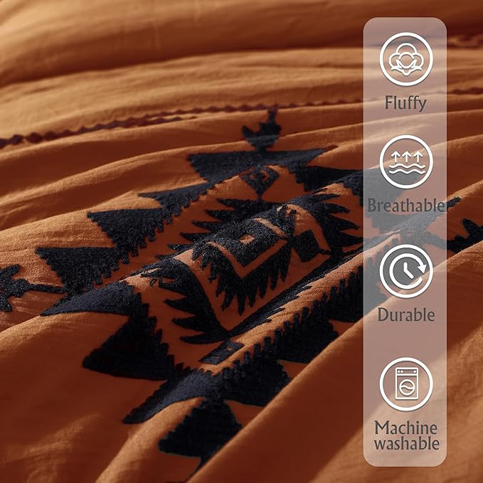 MaiRêve Burnt Orange Embroidery Comforters Set Queen Size - 7 Pieces, Farmhouse Western Bedding All Season, Bed in A Bag Queen Boho Comforter Set with Sheets, Pillowcases & Shams