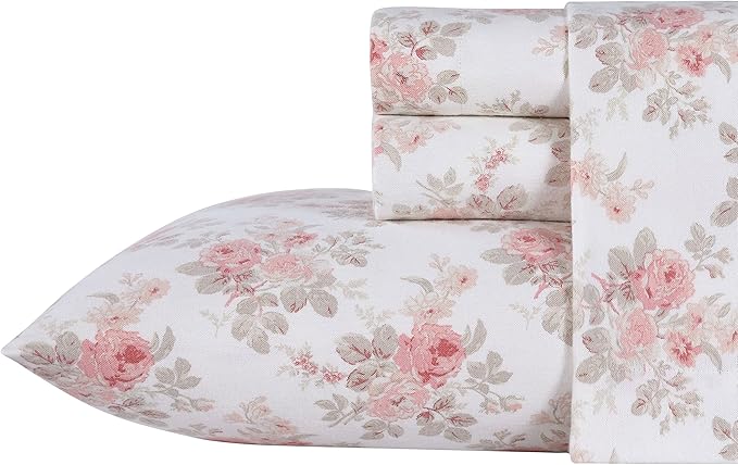 Laura Ashley - Flannel Sheets Twin Size, Anti-Pilling & Wrinkle Resistant Cotton, Touchably Soft for All-Season Comfort - Bed Sheets with Matching Pillowcase & Fitted Sheet (Lisalee Pink)
