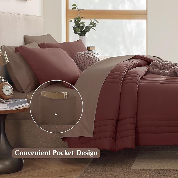 Monbix Queen Comforter Set - 7 Pieces Dark Red Bed in a Bag Queen Bedding Sets with Comforters, All Seasons Down Alternative Comforter Bed Set with Sheets, Pillowcases & Shams