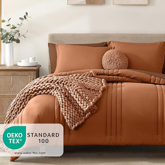Monbix Full Comforter Set - 7 Pieces Burnt Orange Bed in a Bag Full Size Bedding Sets with Comforters, All Seasons Down Alternative Comforter with Sheets,Pillowcases & Shams
