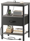 SUPERJARE Nightstand with Charging Station, Bed Side Table with Adjustable Fabric Drawer, Night Stand for Bedroom, 3-Tier Storage End Table, for Living Room, Charcoal Gray