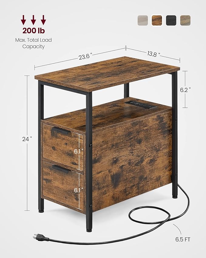 VASAGLE Side End Table with Charging Station, Slim Nightstand with 2 Drawers, Narrow Bedside Table for Living Room, Small Spaces, Rustic Brown and Ink Black ULET321B01