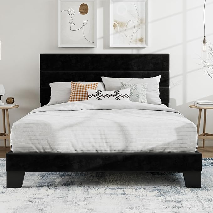 SHA CERLIN Queen Platform Bed Frame with Velvet Upholstered Headboard, Mattress Foundation with Strong Wooden Slats Support, No Box Spring Needed, Black