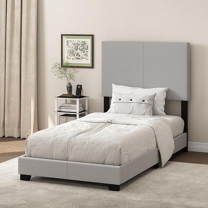 Furinno Pessac Fabric Upholstered Bed Frame with Wooden Slat Support, Twin, Glacier