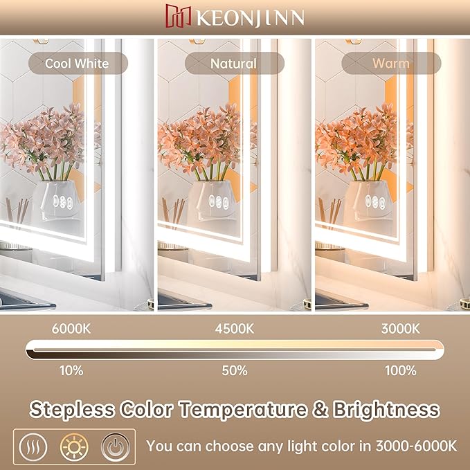 Keonjinn Bathroom LED Mirror 42 x 36 Inch Frontlit and Backlit, Stepless 3 Colors Temperature & Dimmable Tempered Glass Mirror, UL Listed LED Driver, Double LED Strips, Anti-Fog Lighted Vanity Mirror