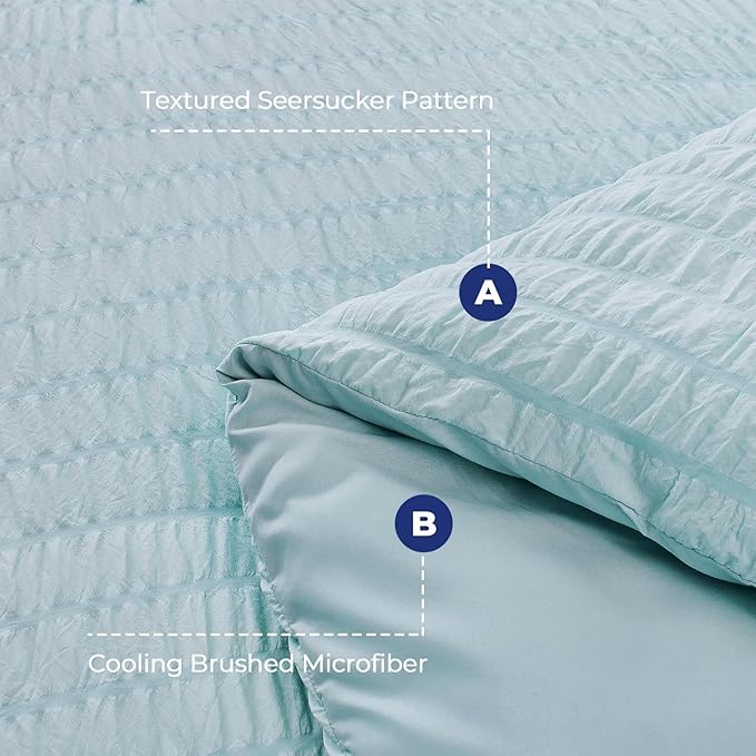 HYMOKEGE Lake Blue King Size Comforter Set Seersucker 7 Pieces, All Season Luxury Bed in a Bag for Bedroom, Bedding Set with Comforters, Sheets, Pillowcases & Shams