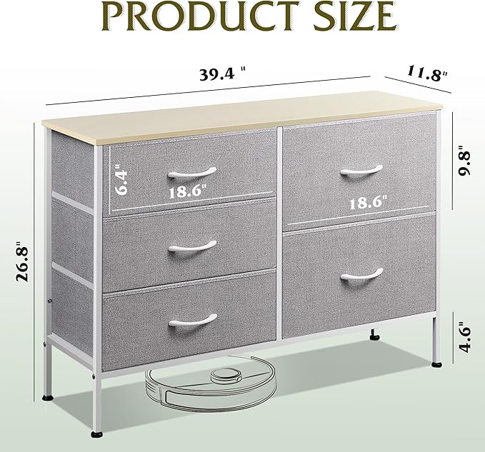 WLIVE Dresser for Bedroom with 5 Drawers, Wide Bedroom Dressers with Drawer Organizers, Chest of Drawers, Fabric Dresser for Living Room, Closet, Hallway, Light Grey