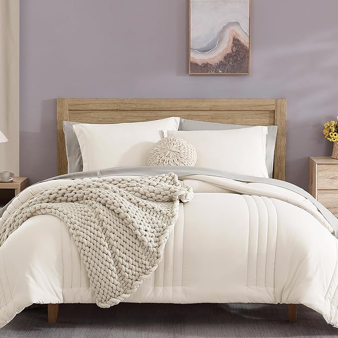 Monbix California King Size Comforter Set - 7 Pieces Bed in a Bag California King, White Bedding Sets with Comforter, All Seasons Down Alternative Comforter Bed Set with Sheets, Pillowcases & Shams