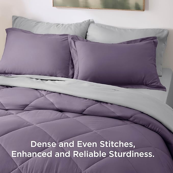 Bedsure Queen Comforter Set - 7 Pieces Reversible Grayish Purple Bedding, Queen Size Bed Set for All Seasons, Bed in a Bag with Down Alternative Comforter, Sheets, Pillowcases & Shams