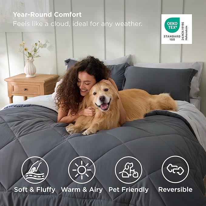 Bedsure Dark Grey Twin XL Comforter Set - 5 Pieces Reversible Twin XL Bed in a Bag for College, Extra Long Twin Bed Set Dark Grey with Comforters, Sheets, Pillowcase & Sham