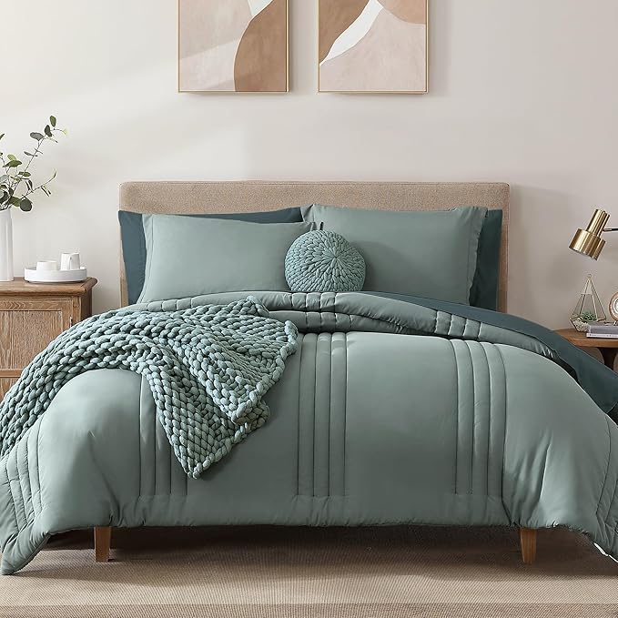 Monbix Full Size Comforter Set - 7 Pieces Sage Green Bed in a Bag Full Size Bedding Sets with Comforters, All Seasons Comforter with Sheets,Pillowcases & Shams