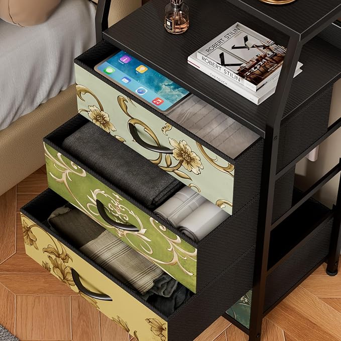 Furnulem Retro Dresser for Bedroom, Small Dresser for Closet, Vintage Nightstand with 4 Drawers, Fabric Storage Organizer Bedside Table Side Furniture, Metal Frame, Wood Top