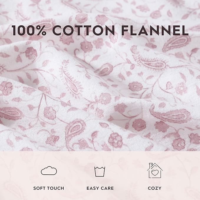 Laura Ashley - Flannel Sheets Full Size, Anti-Pilling & Wrinkle Resistant Cotton, Touchably Soft for All-Season Comfort - Bed Sheets with Matching Pillowcases & Fitted Sheet (Paisley Prance Pink)