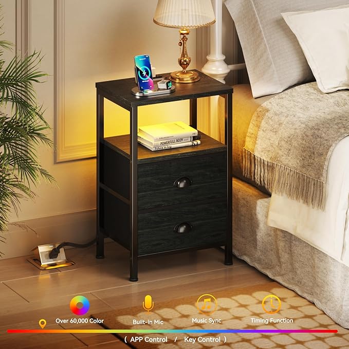 Furologee Nightstands Set of 2, End Tables with Charging Station and LED Lights, Black Night Stands with 2 Fabric Drawers, Bedside Tables Set of 2 for Living Room/Bedroom,Black Oak