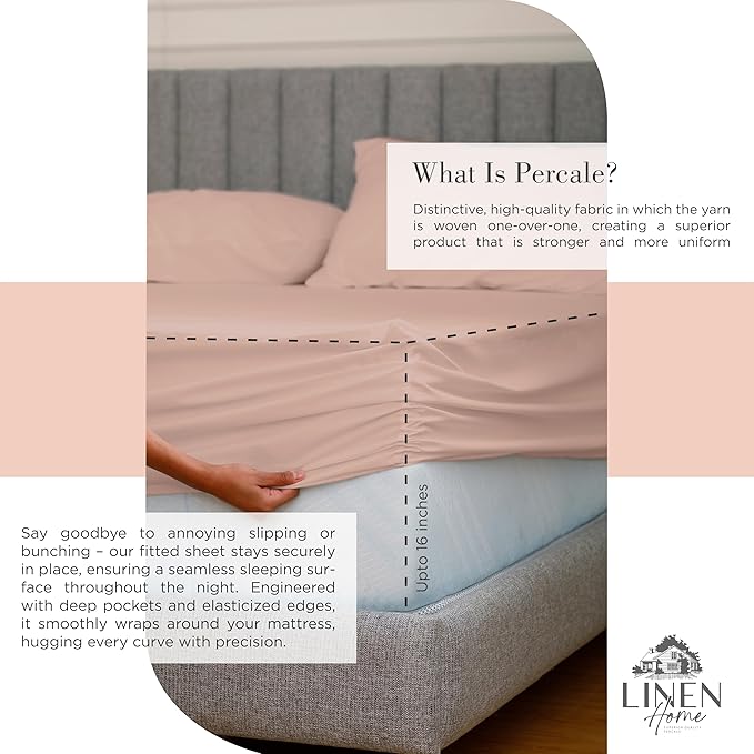 Linen Home 100% Cotton Percale Sheets Twin Size, Brushed Rose, Deep Pocket, 3 Pieces Set - 1 Flat, 1 Deep Pocket Fitted Sheet and 1 Pillowcase, Crisp Cool and Strong Bed Linen