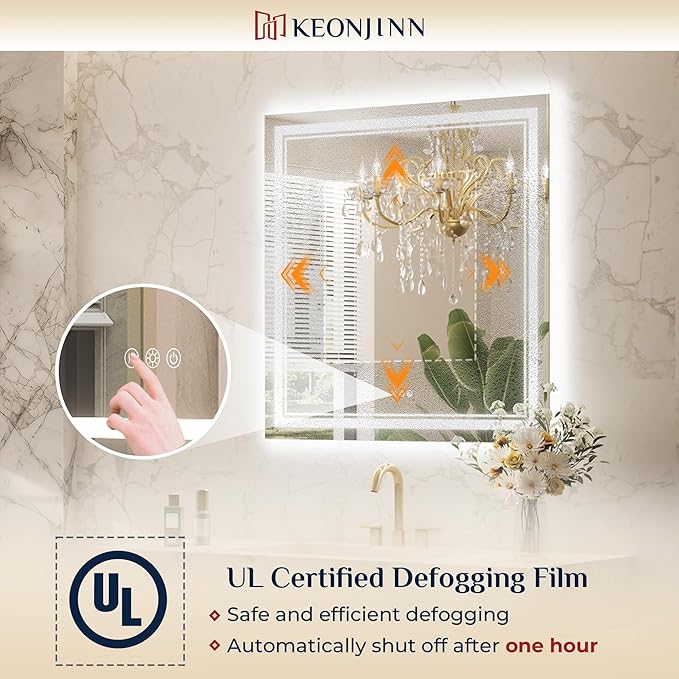 Keonjinn Led Bathroom Mirror with Lights, 36" x 36" Frontlit and Backlight, Stepless 3 Colors Temperature & Dimmable Wall Mirror, UL Listed LED Driver, Double LED Strips Tempered Glass Lighted Mirror