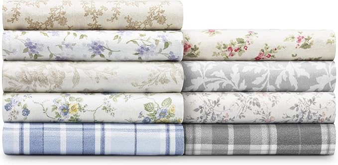 Laura Ashley - Flannel Sheets Queen Size, Anti-Pilling & Wrinkle Resistant Cotton, Touchably Soft for All-Season Comfort - Bed Sheets with Matching Pillowcases & Fitted Sheet (Le Fleur Cottage Blue)