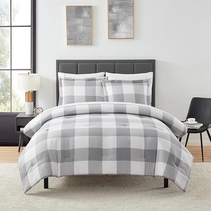 7 Piece Comforter Set Bag Solid Color All Season Soft Down Alternative Blanket & Luxurious Microfiber Bed Sheets, Queen, Checkered Box