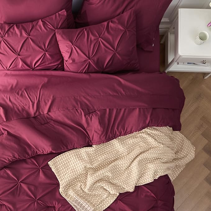 Bedsure Queen Comforter Set Burgundy - Bed in a Bag Queen Size Bedding 7 Pieces, GentleSoft™ Pintuck Bed Set Gift for Family, Pinch Pleat All Season Comforter with Sheets, Pillowcases & Shams