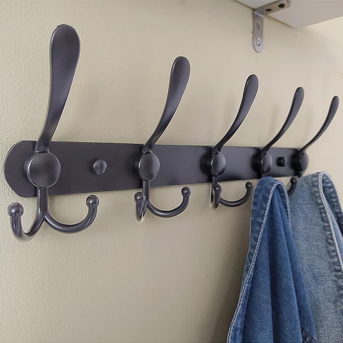 Dseap Coat Rack Wall Mounted - 5 Tri Hooks, Heavy Duty, Stainless Steel, Metal Coat Hook Rail for Coat Hat Towel Purse Robes Mudroom Bathroom Entryway (Black, 2 Packs)