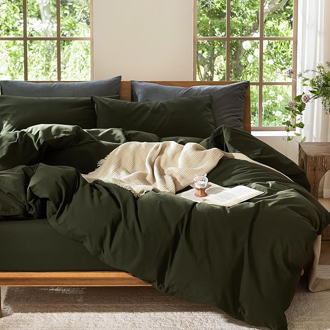 MooMee Bedding Duvet Cover Set 100% Washed Cotton Linen Like Textured Breathable Durable Soft Comfy (Solid Olive Green, Super King Plus 120"x120")