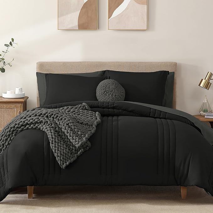 Monbix Queen Comforter Set - 7 Pieces Black Bed in a Bag Queen Bedding Sets with Comforters, All Seasons Down Alternative Comforter Bed Set with Sheets,Pillowcases & Shams