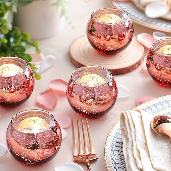 12 Pcs Rose Gold Candle Holders for Birthday Party Decorations- Mercury Glass Votives Tea Lights Holders for Wedding/Bridal Shower/Mother's Day Table Centerpieces, Rose Gold Party Supplies for Women